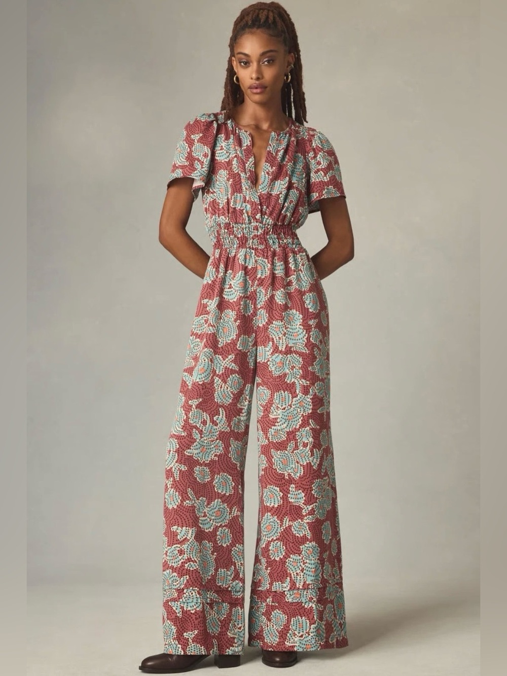 Anthropologie Somerset Floral Wide Leg Jumpsuit XS Smocked Waist Boho V-Neck